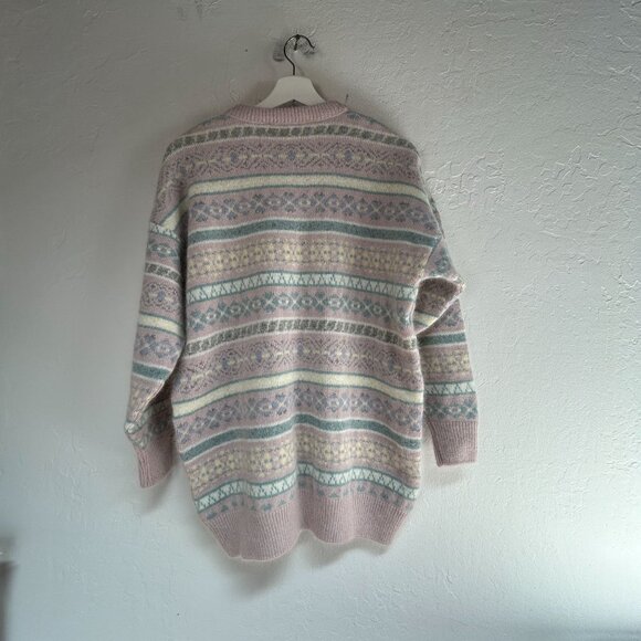 Vintage Lyle & Scott Angora Lambswool Blend Nordic Sweater Small Pink Fair Isle - Picture 2 of 8